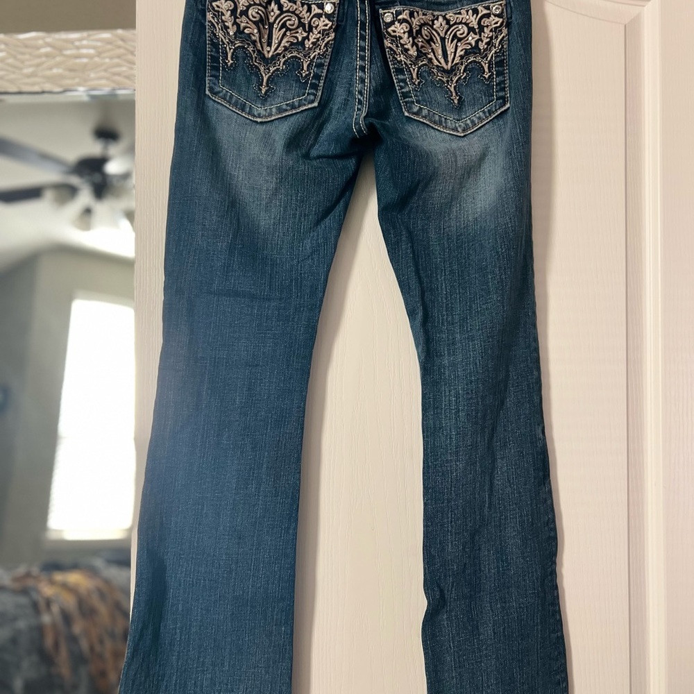 Miss Me Blue Boot Cut Jeans with Ornate Embroidery
